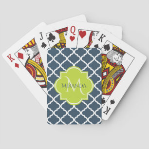 Jeu De Cartes Élégant monogramme Marine Quatrefoil vert et nom