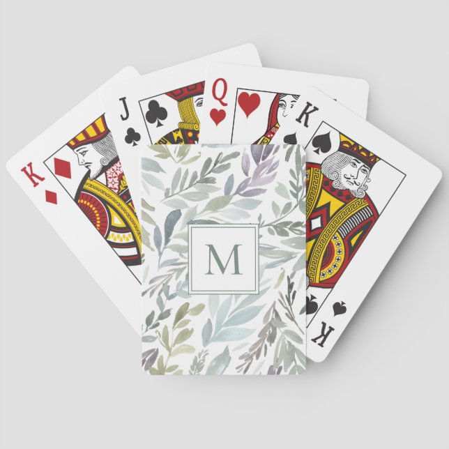 Jeu De Cartes Elégant Monogramme Vert Bleu Aquarelle Botanique (dos)