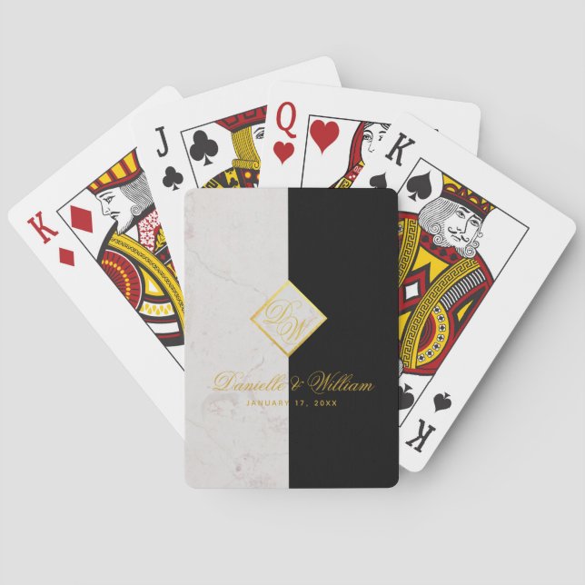 Jeu De Cartes Élégant noir marbre blanc Monogramme Mariage or (dos)