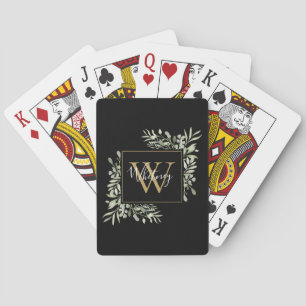 Jeu De Cartes Élégant Noir Monogramme Vert Floral