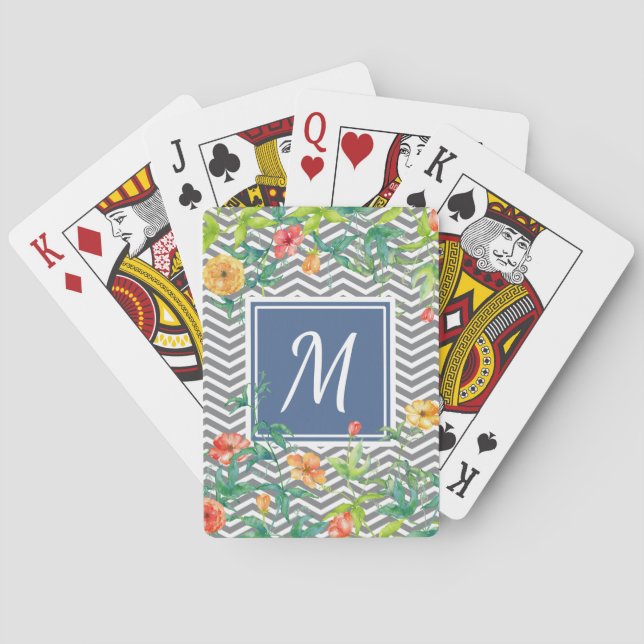 Jeu De Cartes Élégant Orange Floral Chevron Chic Blue Monogram (dos)