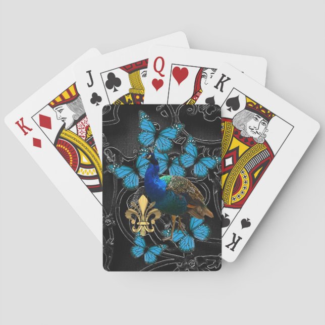Jeu De Cartes Elégant Peacock et papillons bleus sur noir (dos)