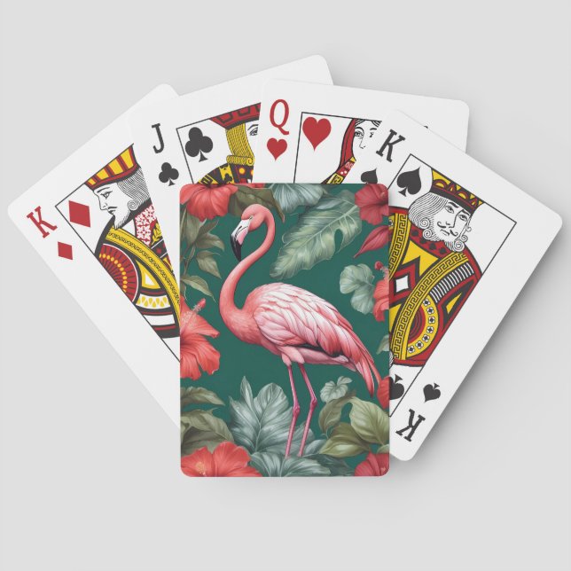 Jeu De Cartes Elégante Flamant rose Hibiscus Fleurs Emerald Gree (dos)