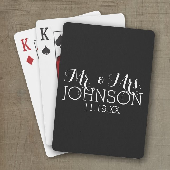 Jeu De Cartes Faveurs de mariage noir uni Mr & Mrs (Wedding and Anniversary Playing Cards - Personalize with your information)