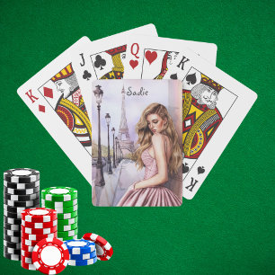 Jeu De Cartes Femme Élégante Chic Tour Eiffel, Aquarelle Personn