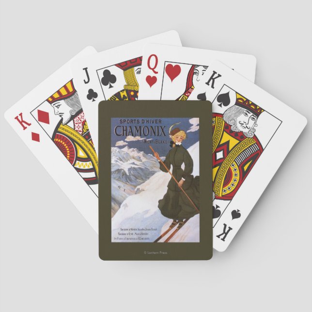 Jeu De Cartes Femme en affiche verte de ski (dos)