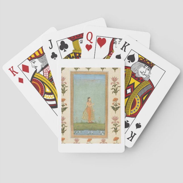 Jeu De Cartes Femme tenant une fleur, debout près d'un étang de  (dos)