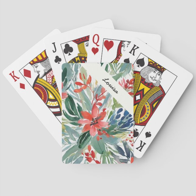 Jeu De Cartes Festive Rouge Poinsettia Elégante Aquarelle Fleurs (dos)