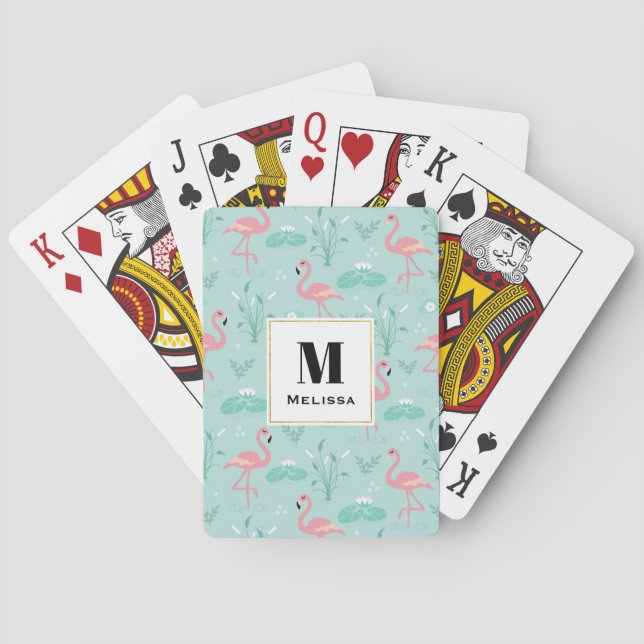 Jeu De Cartes Flamants roses rose pastel Motif vert Monogramme (dos)
