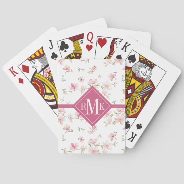 Jeu De Cartes Fleur rose molle d'aquarelle du monogramme | (dos)