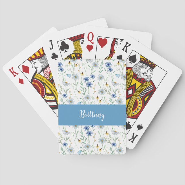 Jeu De Cartes Fleur sauvage bleu Aquarelle Nom du monogramme (dos)