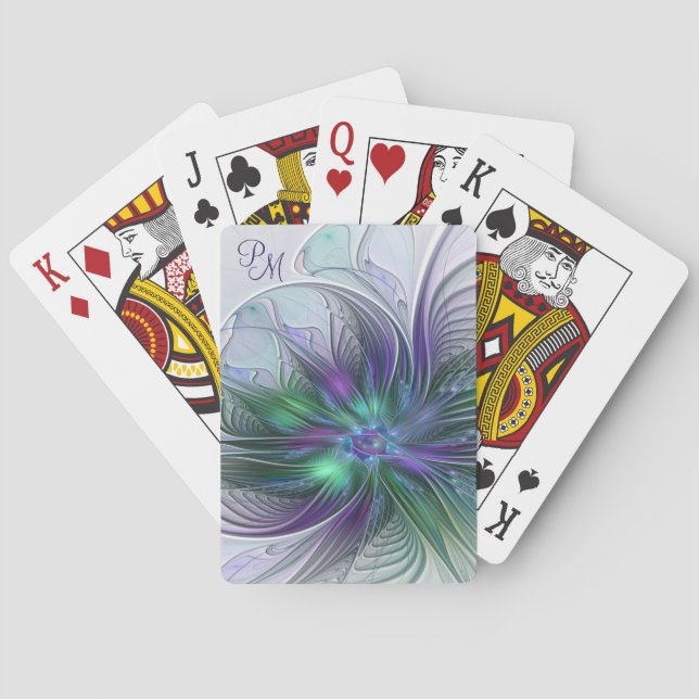 Jeu De Cartes Fleur vert violet Moderne Art Abstrait Monogramme (dos)