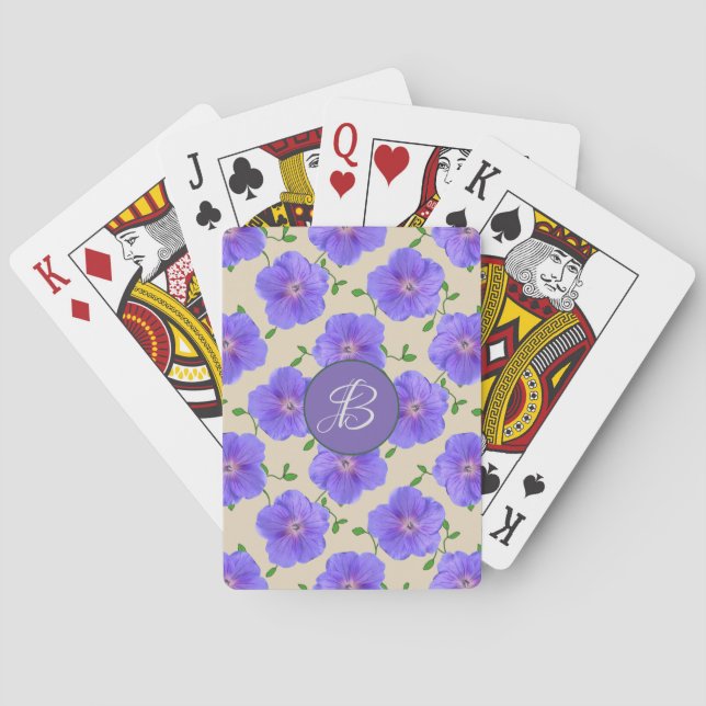 Jeu De Cartes Fleurs bleues de jardin avec le monogramme fait (dos)