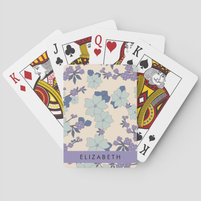 Jeu De Cartes Fleurs Bleues, Fleurs Violettes, Floral, Votre Nom (dos)