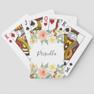 Jeu De Cartes Fleurs d'aquarelle de pêche modernes avec nom
