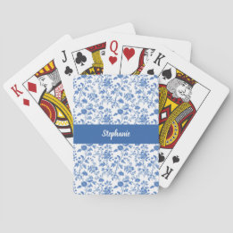 Jeu De Cartes Fleurs de toile vintage bleue et blanche nom perso