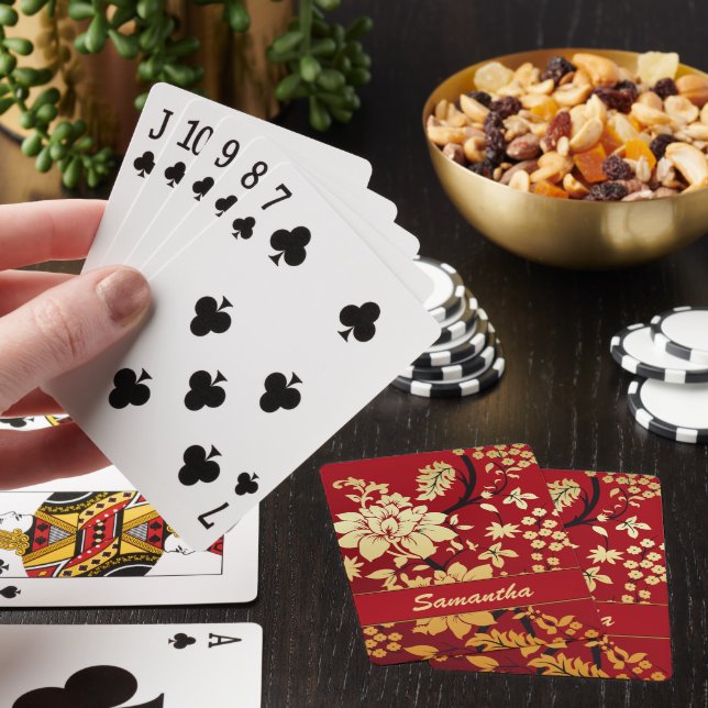 Jeu De Cartes Fleurs d'or orientales personnalisées en rouge (In Situ)