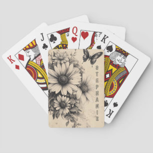 Jeu De Cartes Fleurs et papillons rustiques - Papier vieilli (11