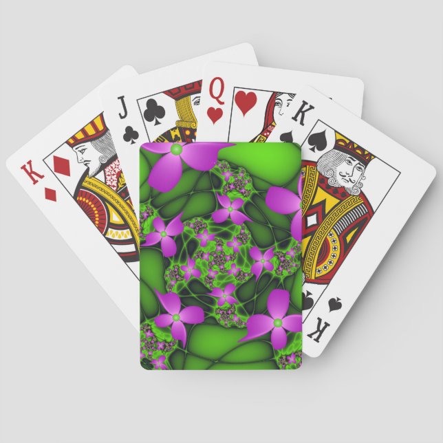 Jeu De Cartes Fleurs fractales Abstraites de néon rose vert (dos)