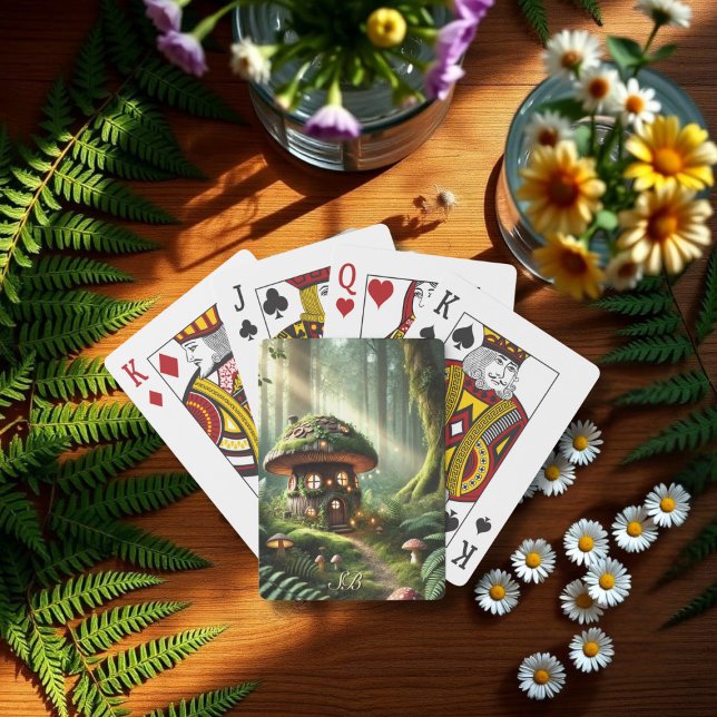 Jeu De Cartes Forêt enchantée Magique Champignons Maison de la f (Enchanted Forest Magical Mushroom Fairy House Poker Cards with space for your initials)