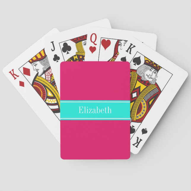 Jeu De Cartes Framboise solide, Ribbon Aqua brillant Nom Monogra (dos)