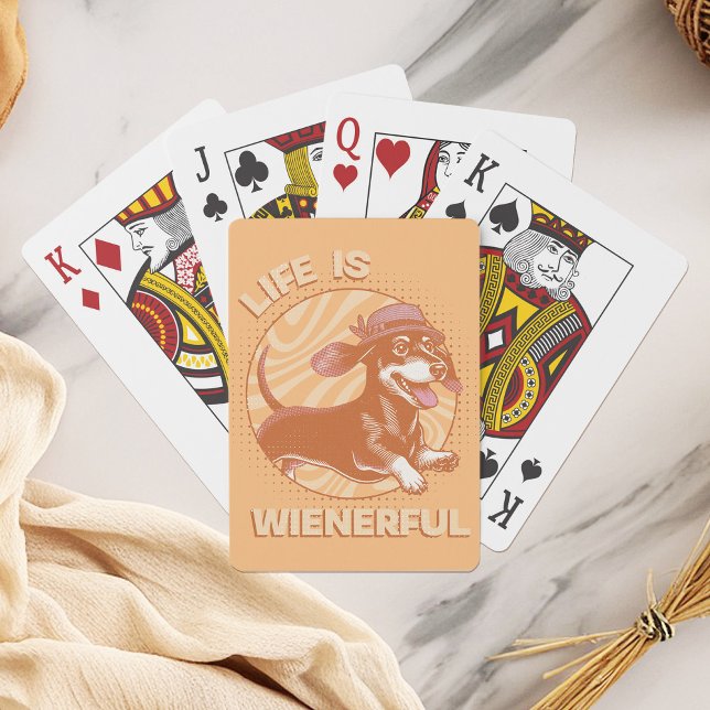 Jeu De Cartes Funny Retro Dachshund "La vie est pleine" (This fun and quirky design features an adorable dachshund, complete with a cute fedora hat!)