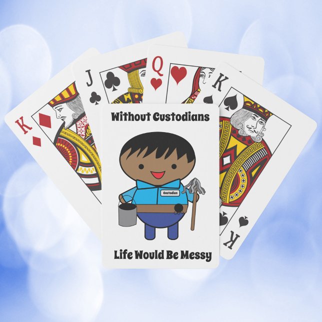 Jeu De Cartes Gardien Janitor Life Messy Black Homme (A deck of playing cards with a black male janitor& the text "Without Custodians Life Would Be Messy")