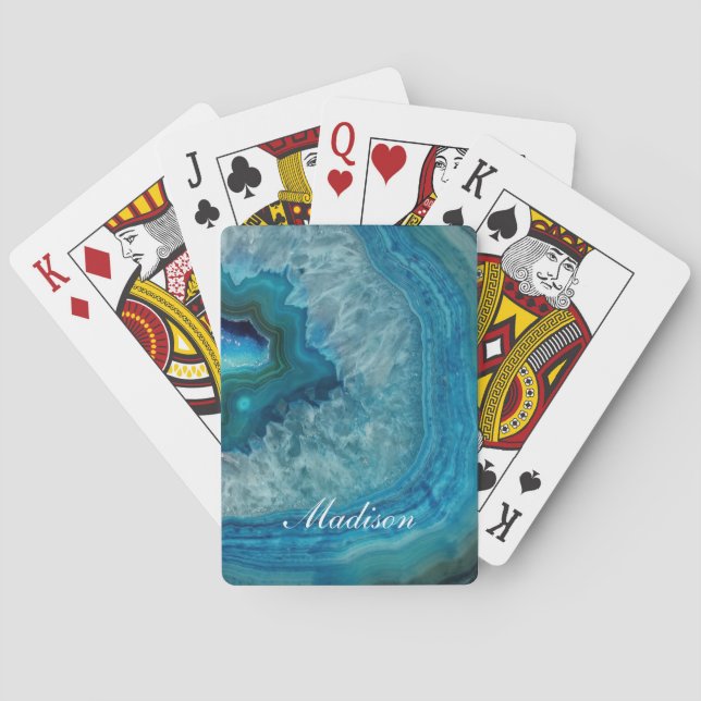 Jeu De Cartes Géode d'agate bleu turquoise Monogramme Nom (dos)