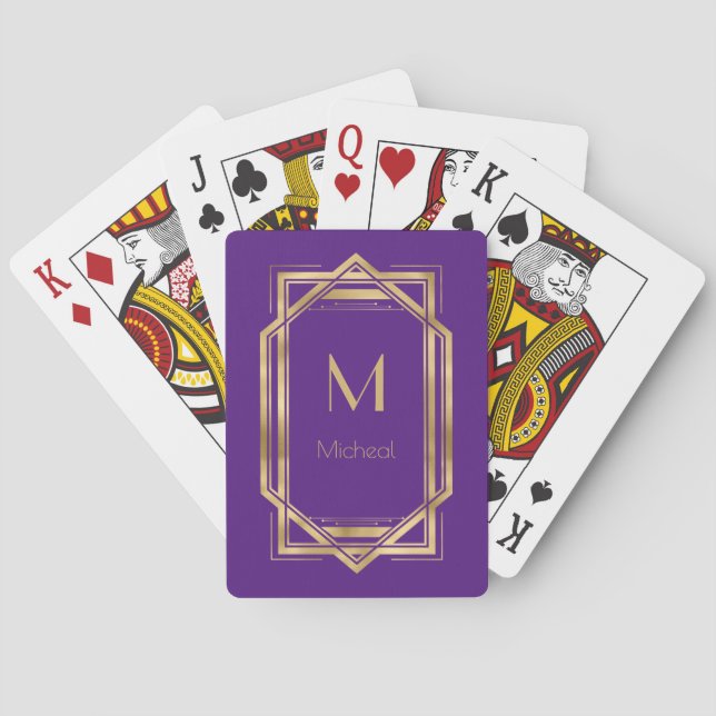 Jeu De Cartes Géométrique violet et or | Monogramme et nom (dos)