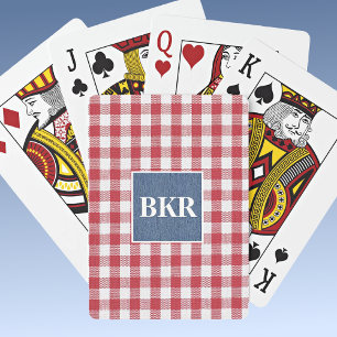Jeu De Cartes Gingham Rouge et Blanc, Denim Bleu, Initiales