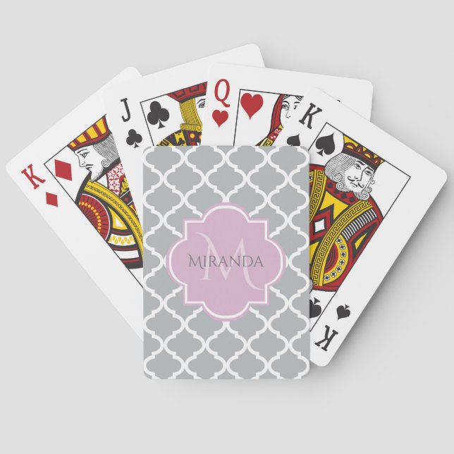 Jeu De Cartes Girl Grey Quatrefoil Lavender Monogramme et nom (dos)