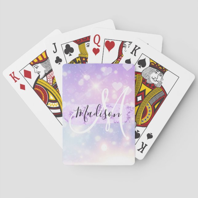 Jeu De Cartes Girly Sparkly Unicorn Rainbow Hearts Monogramme (dos)