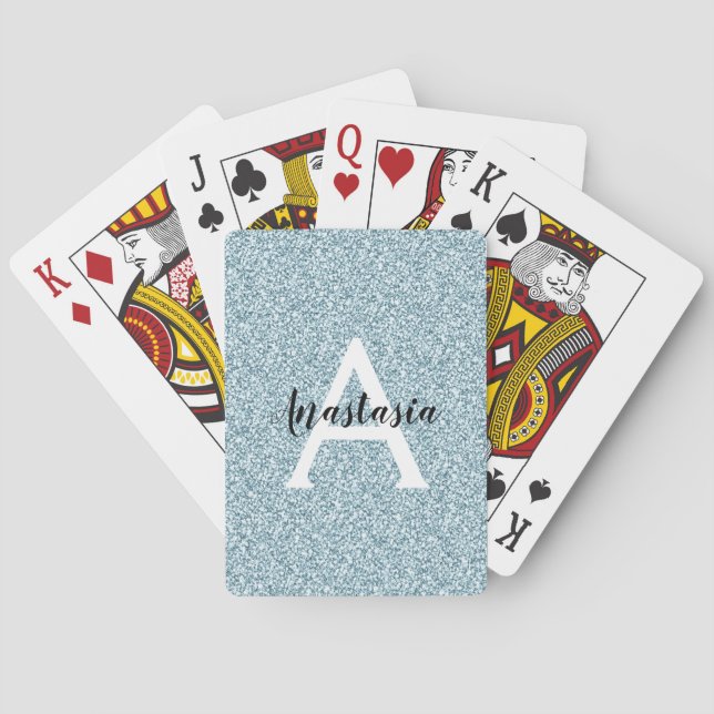 Jeu De Cartes Glam Bleu Paillettes Argentées Monogramme Nom (dos)