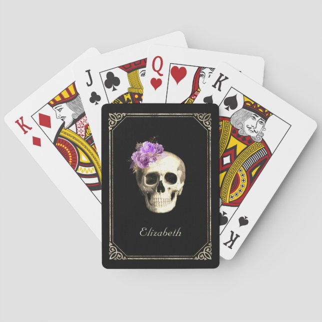 Jeu De Cartes Gothique Crâne violet Roses personnalisés (dos)