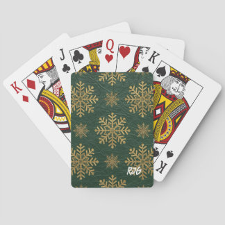 Jeu De Cartes Green Leather Tooled with Gold Snowflakes Initials
