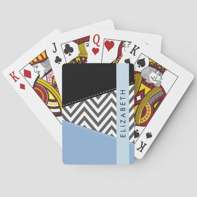 Jeu De Cartes Grey Zigzag, Grey Chevron, Bleu, Votre Nom (dos)