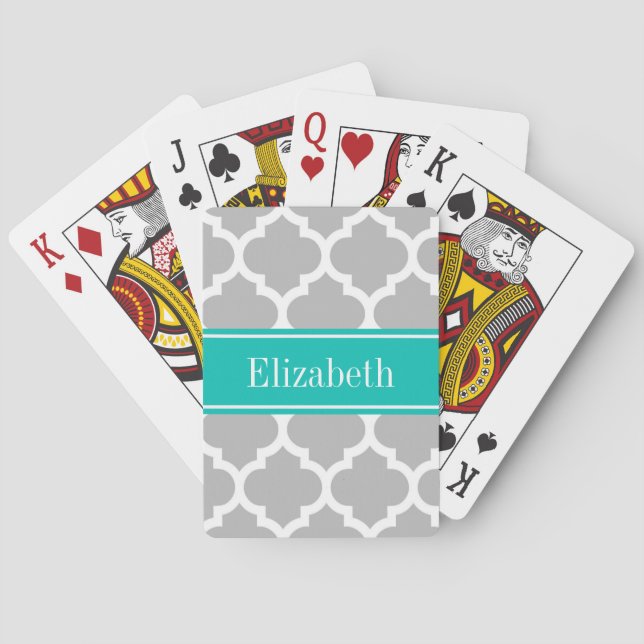 Jeu De Cartes Gris Blanc Marocain #5 Nom Turquoise Monogramme (dos)