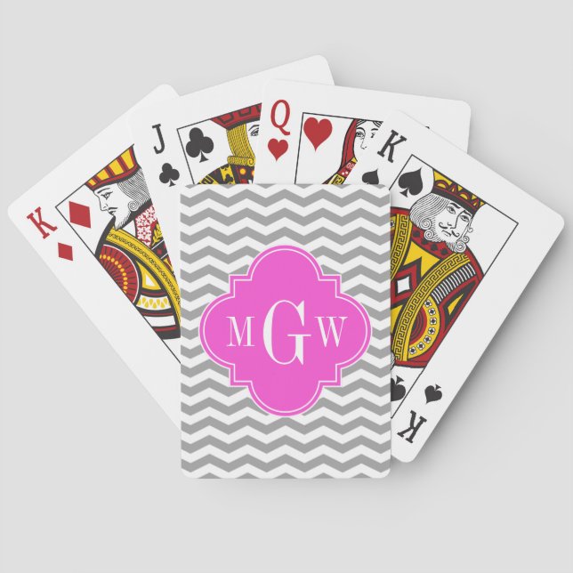 Jeu De Cartes Gris Chevron Rose Chaud Quatrefoil 3 Monogramme Tn (dos)
