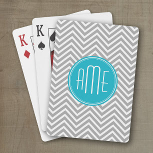 Jeu De Cartes Gris et Aqua Chevron Motif avec Monogramme moderne