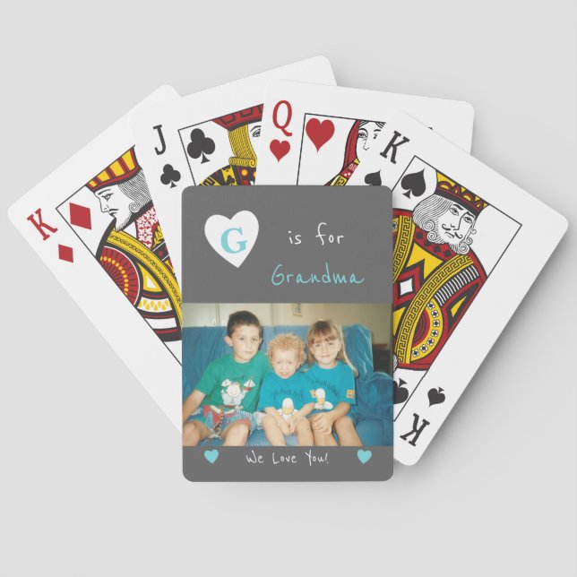 Jeu De Cartes Gris et turquoise avec nom et photo (dos)