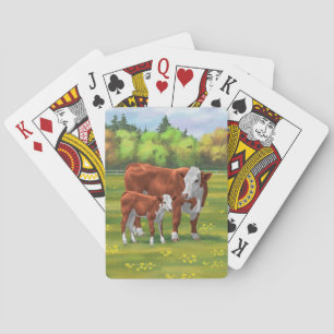 Jeu De Cartes Hereford Cow & Cute Calf dans les pâturages d'été