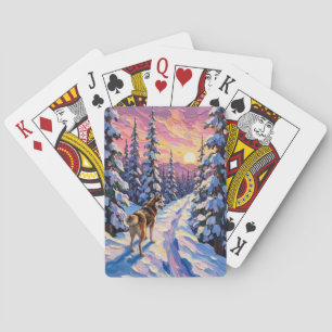 Jeu De Cartes Husky vintage sur un sentier forestier enneigé de