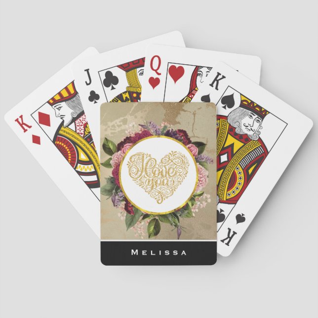 Jeu De Cartes I Love You Fancy Golden Heart with Floral Frame (dos)