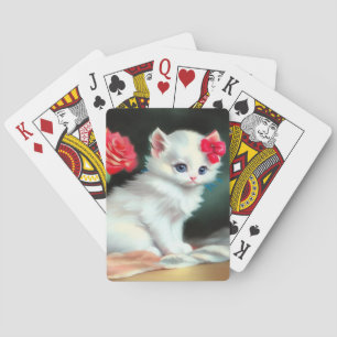 Jeu De Cartes Illustration vintage de Kitten blanc avec fleurs r