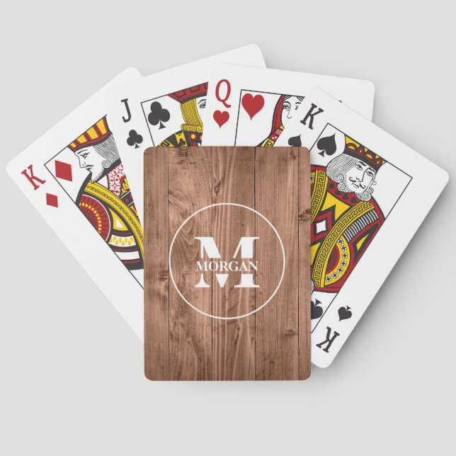 Jeu De Cartes Initiale et nom personnalisés en bois rustique (dos)
