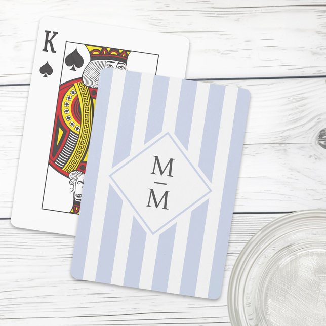 Jeu De Cartes Initiales monogrammes bleu clair pâle rayures blan (Monogram initials dusty light blue white stripes playing cards)