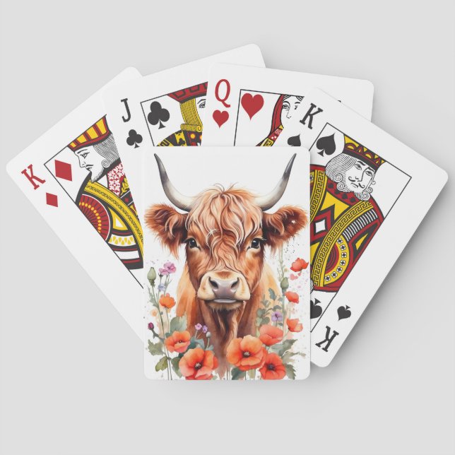 Jeu De Cartes Jolie Vache Highland Et Fleurs De Pavot Aquarelle (dos)