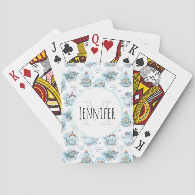 Jeu De Cartes Jote baleines nautiques Aquarelle Motif Monogramme (dos)