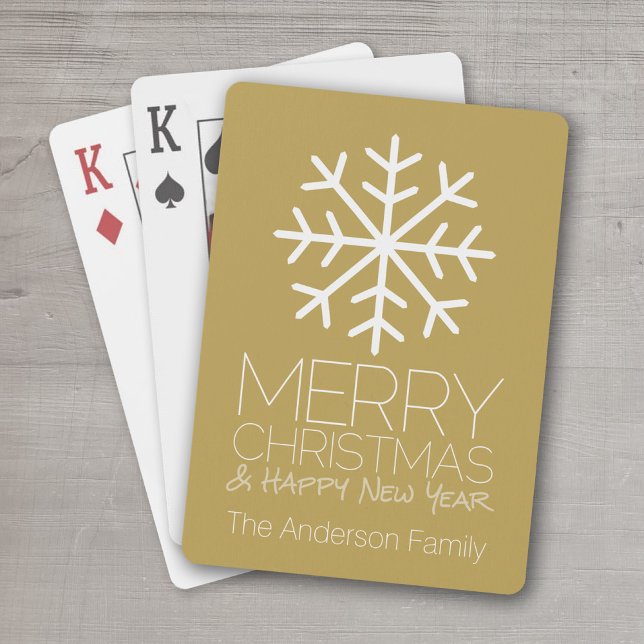 Jeu De Cartes Joyeux Noël moderne Flocon de neige d'hiver - or (Add a family name  to this set of personalized playing cards for the Christmas season.)