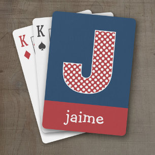 Jeu De Cartes LETTRE J MONOGRAPHIQUE marine et Pois rouges